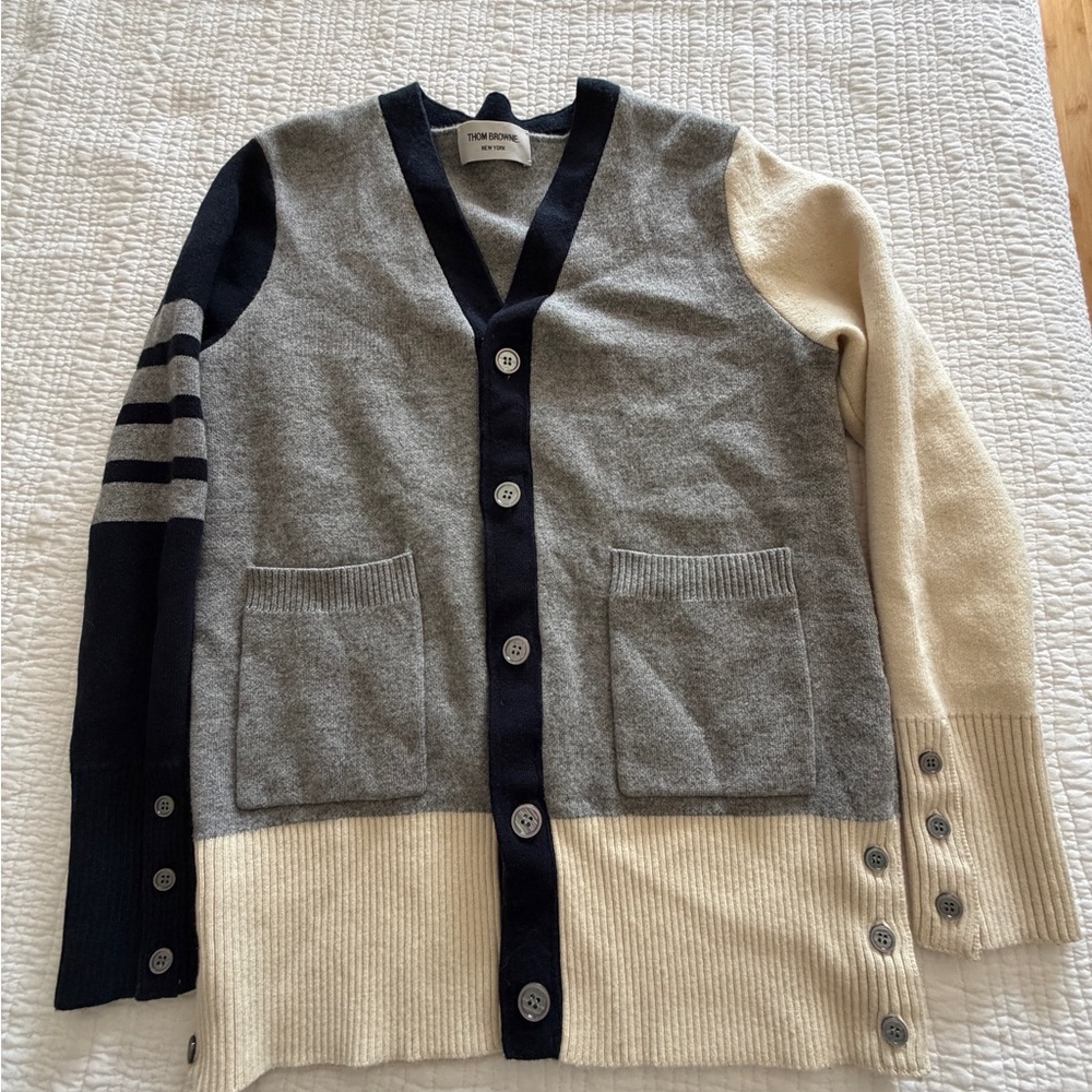 Thom Browne Gray, Cream, and Navy Cardigan Sweater SZ: S